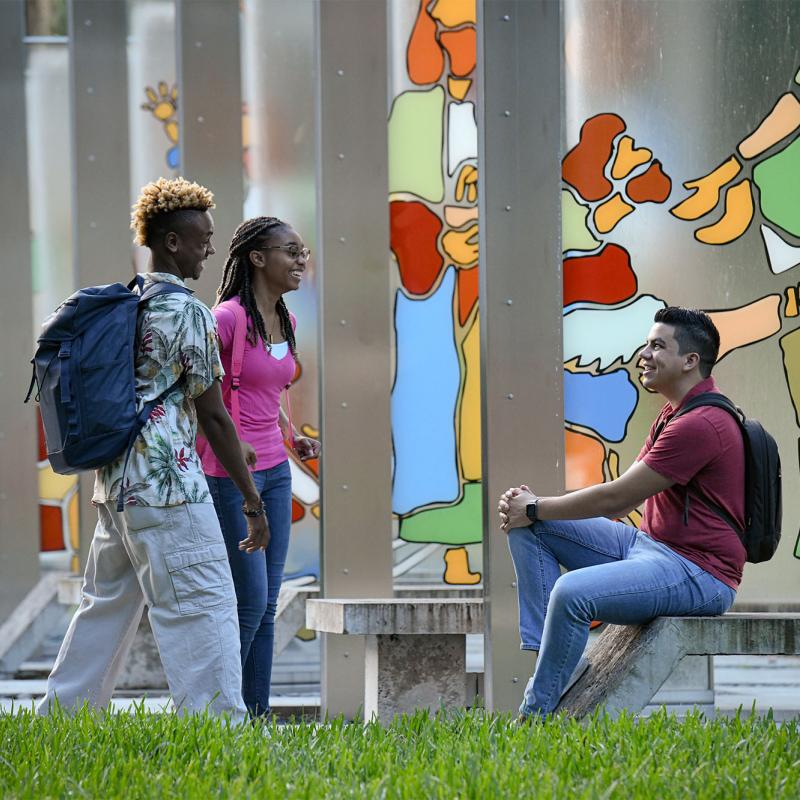 Three students conversing outdoors in AHU's Garden of Miracles
