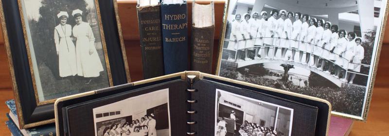 Frames and photo albums containing pictures from Florida Hospital School of Nursing